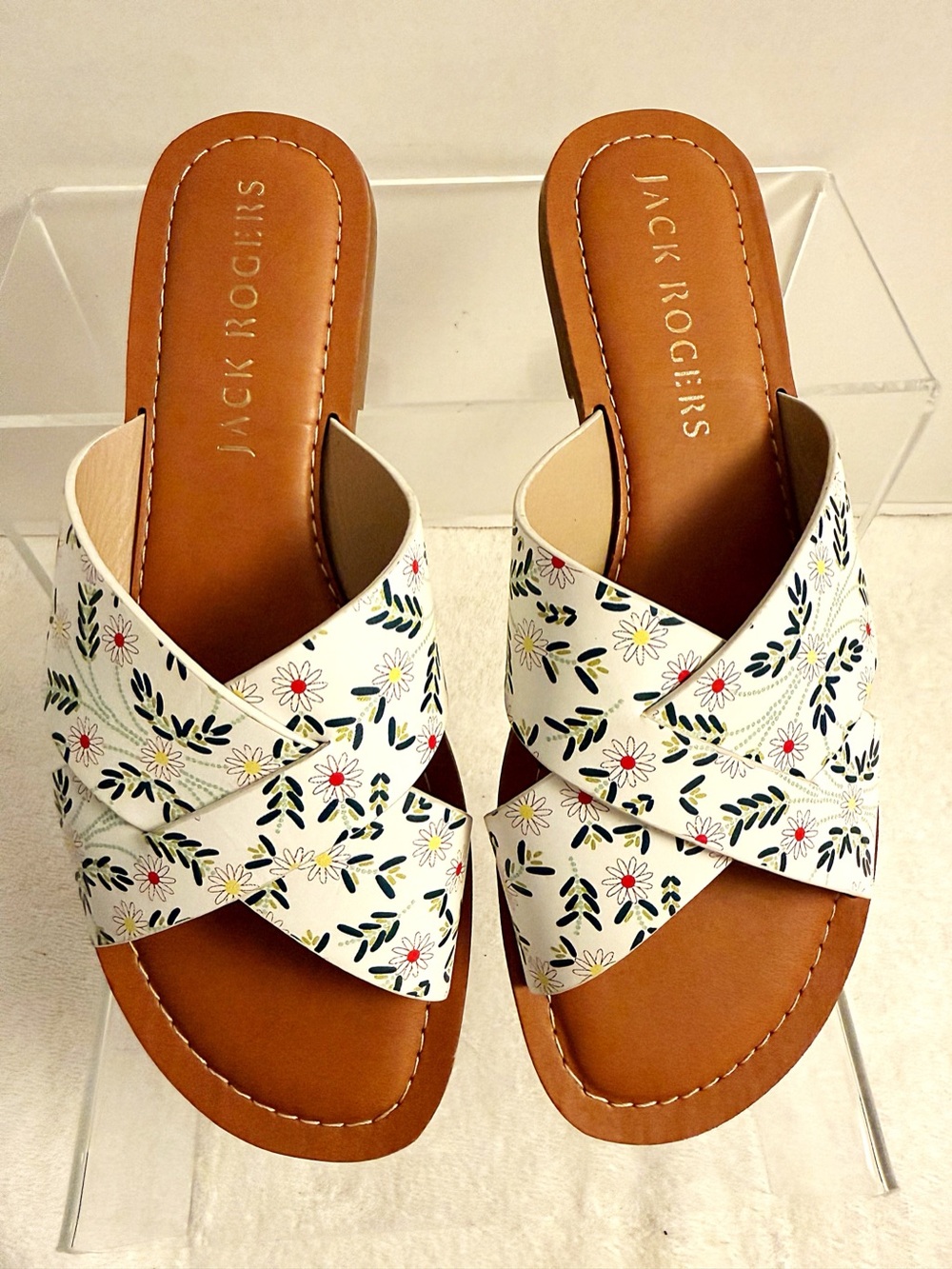 . Jack Rogers Daisy Print Sloane X-Band Leather Sandals Size 8 NWT Made in Brazi